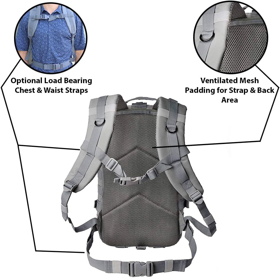 Bravo Backpack - Large Military Hiking Backpack 34L - Waterproof Heavy-Duty Molle Hunting Bag for Men - Tactical Rucksack Daypack - Hydration Pack Compatible for Running, Cycling, Biking- (Gray)