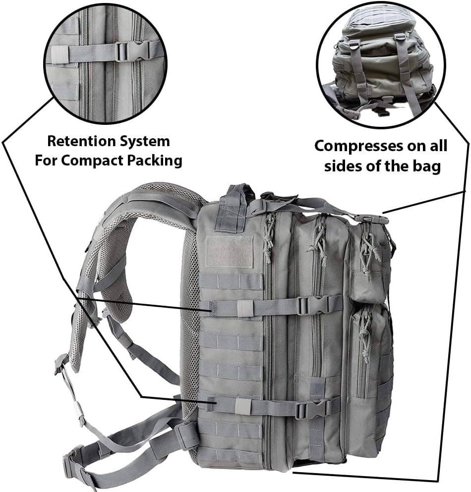 Bravo Backpack - Large Military Hiking Backpack 34L - Waterproof Heavy-Duty Molle Hunting Bag for Men - Tactical Rucksack Daypack - Hydration Pack Compatible for Running, Cycling, Biking- (Gray)