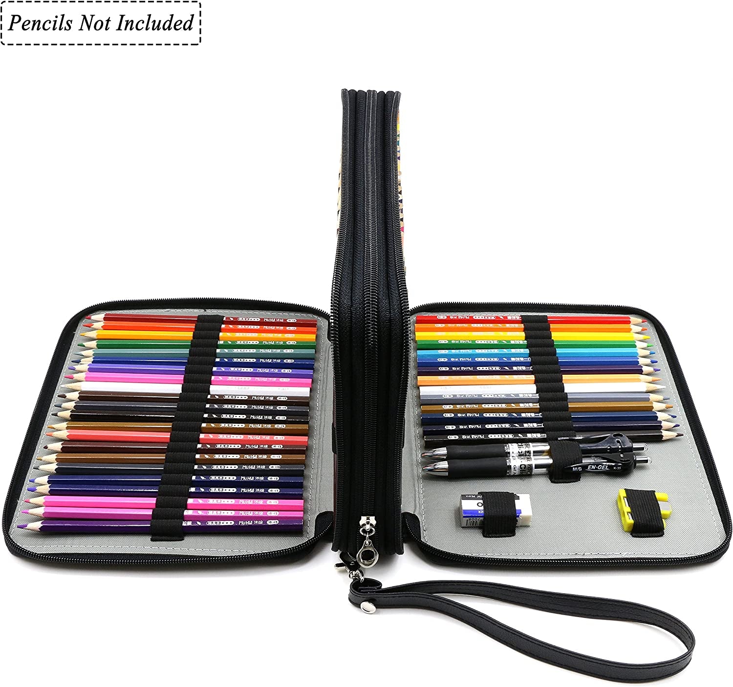 120 Slots Pencil Case - PU Leather Handy Multi-Layer Large Zipper Pen Bag with Handle Strap for Prismacolor Watercolor Pencils, Crayola Colored Pencils, Marco Pens and Makeup Brush (Black)